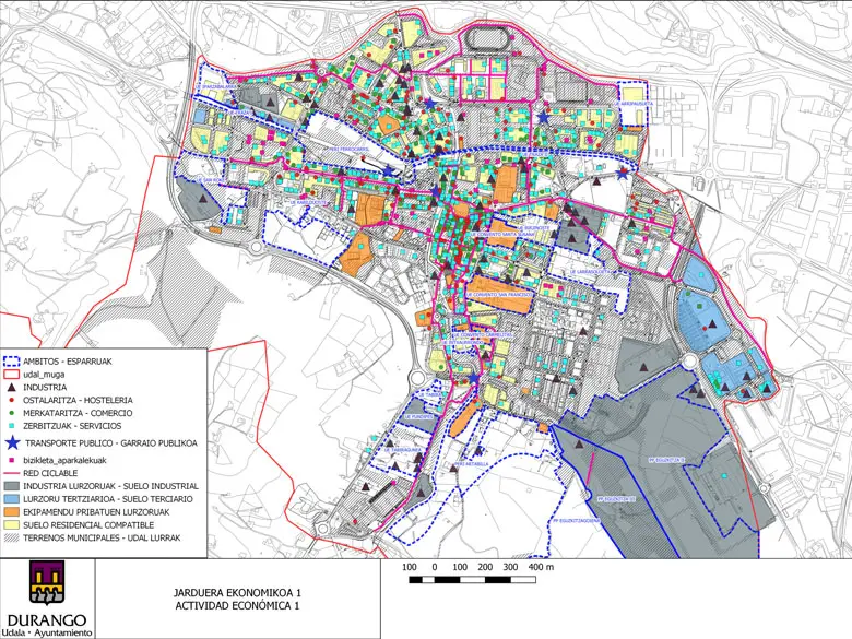 Plano de actividad económica desarrollado en el proceso de participación cuidadana en el Plan General de Ordenación Urbana (PGOU) de Durango.